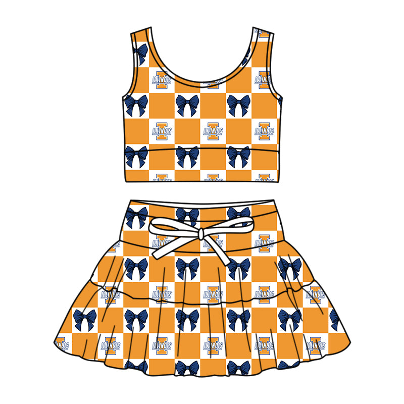 Custom Milk Silk Order MOQ:3 or 5 pcs Each Design Team State Girl Summer Bow Orange Sleeveless Skirts Sets-26.1.20