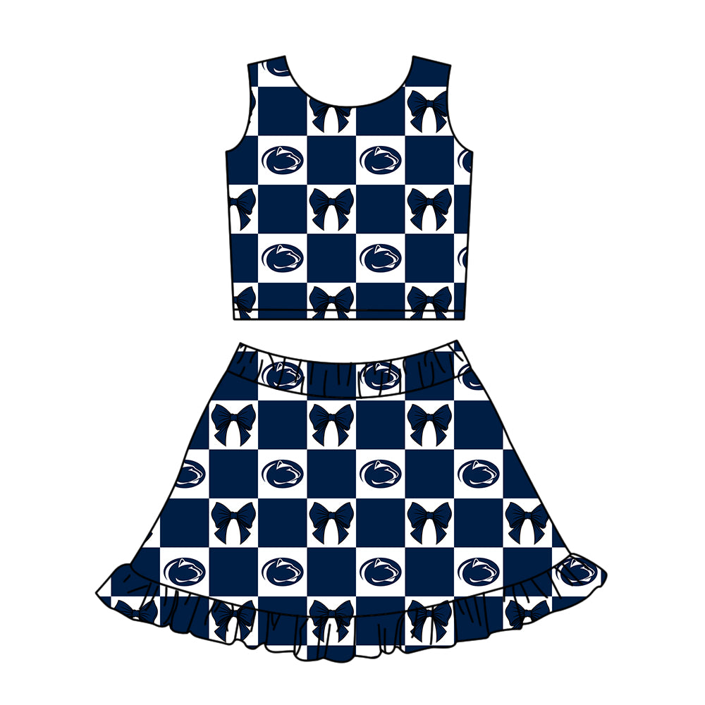 Custom Milk Silk Order MOQ:3 or 5 pcs Each Design Team State Girl Summer Bow Dark Blue Sleeveless Skirts Sets-26.1.23