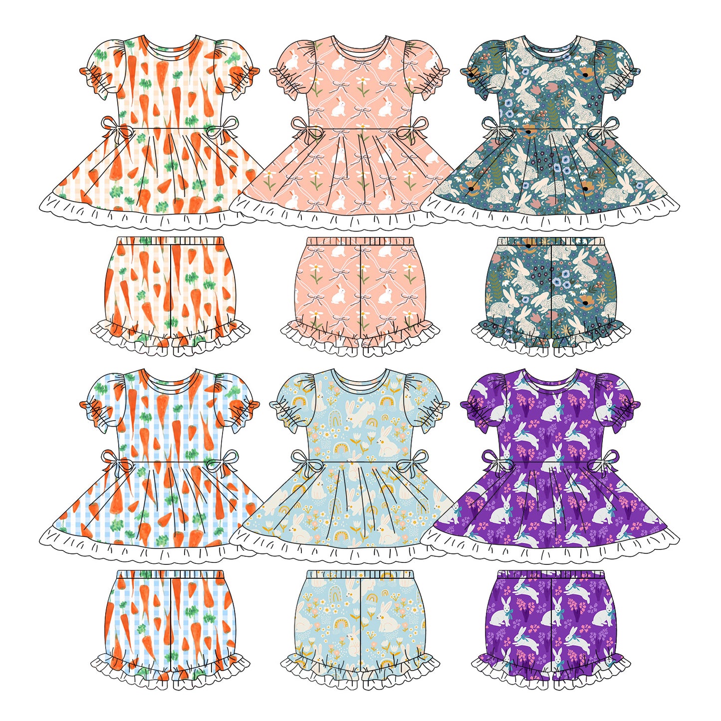 26.1.10 Custom MOQ:3 or 5 pcs each design milk silk Sibling baby girl clothes easter short sleeve shorts sets 6