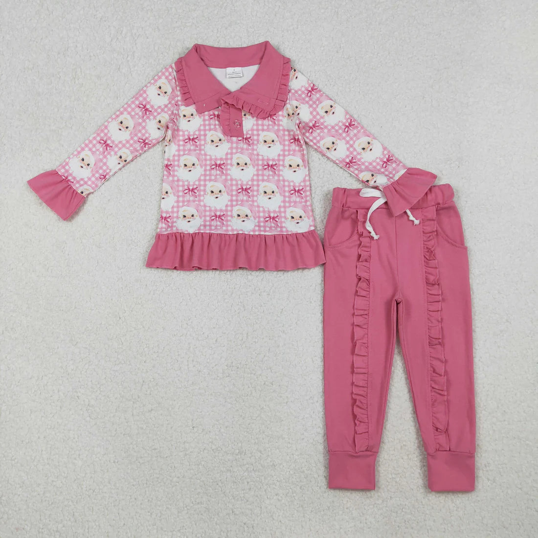 10.16 GLP2881 Baby Girls Pink Checked Santa Button Top Pockets Pants Christmas Clothes Set