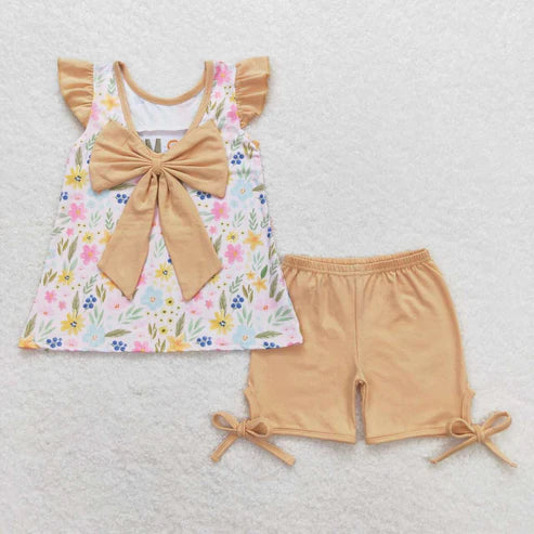 6.17 GSSO0696I love mom Embroidered floral floral bow flying sleeve shorts set