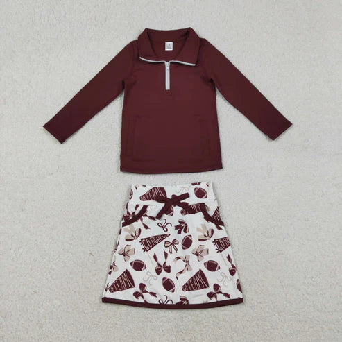 12.3 GLD1384 Baby Girls Dark Red Pullovers Bows Footballs Pockets Skorts Go Team Clothes Set