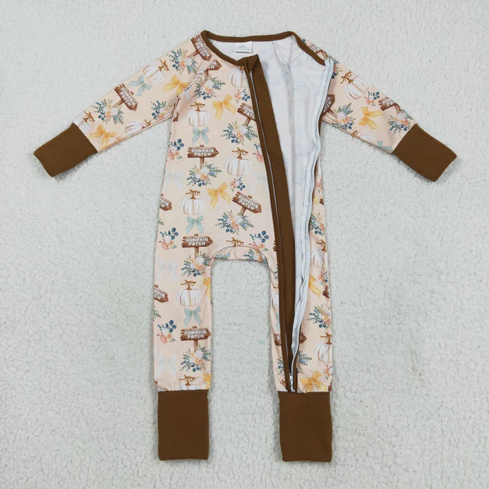 8.21 LR2462 Baby Boys Long Sleeves Pumpkins Patch Bows Zipper Pant Romper