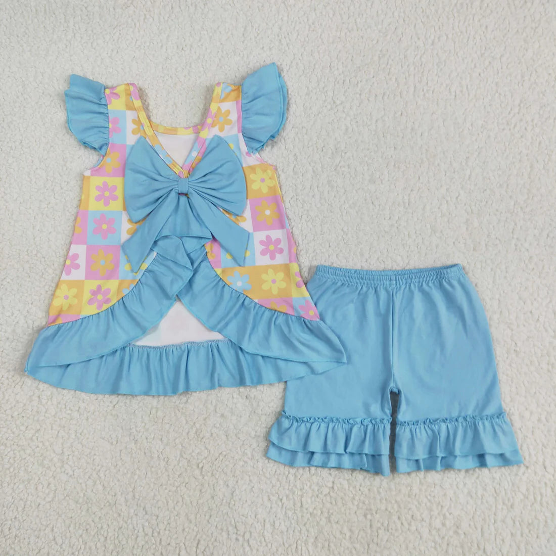 5.24 GSSO2623 Baby Girls Blue Flutter Sleeves Flowers Plaid Tunic Ruffle Shorts Set