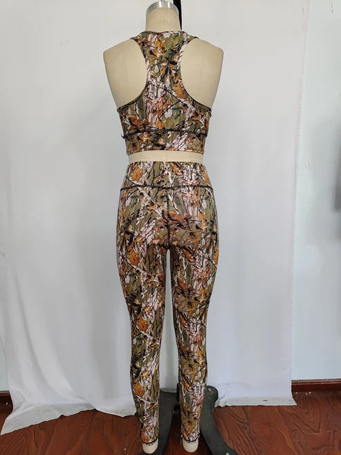 GSPO1460 Adult Women Camo Leaves Vest Top Pants Yogo Sports Clothes Set
