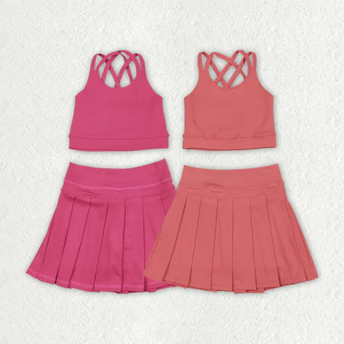 6.26 2 Colors Baby Girls Pink Strap Vest Top Pleated Skort Yoga Sets
