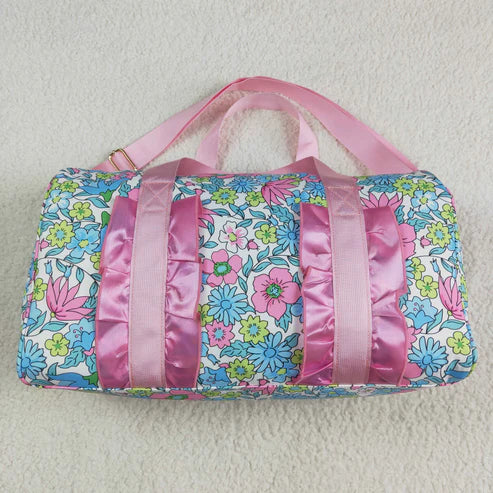 5.2 BA0291 Pink Ruffle Blue Floral Print Gym Duffle Bag
