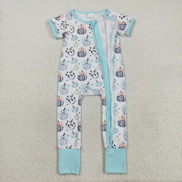 8.18 SR3109 Baby Infant Girls Blue Short Sleeves Bows Pumpkins Zipper Romper