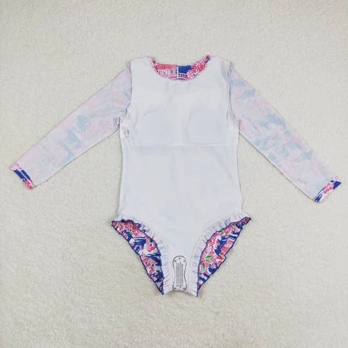 S0376 Flower scenery blue pink zipper long-sleeved one-piece swimsuit