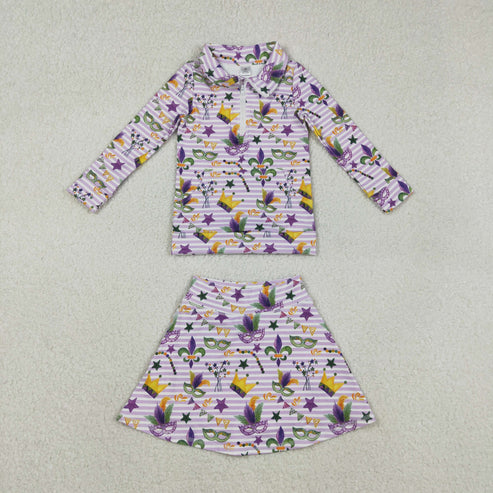 11.26 GT1369+GLK0167 Baby Girls Mardigras Stripe Anchor Masks Zip Pullovers Skirt Shorts Yoga Active Clothes Set