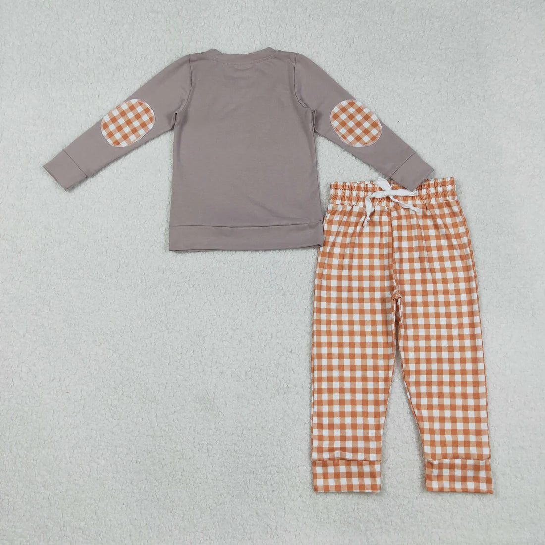 9.6 BLP1098 Embroidery Baby Boys Halloween Ghost Pumpkins Dog Top Orange Plaid Pant Set