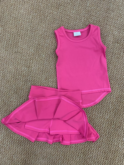 6.9  GT0982+GLK0079 Baby Girls Hot pink Sleeveless Vest Shirt Pleated Skorts Yoga Active Set