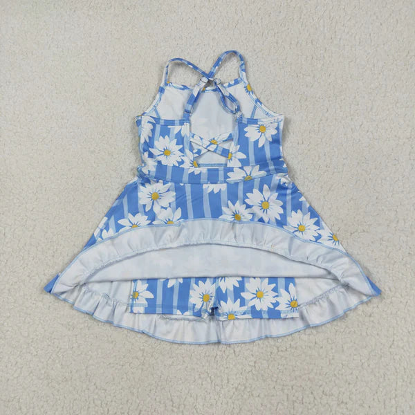 5.27 GSD2283 Baby Girls Blue Strap Stripe Floral Yoga Ruffle Knee Length Dress