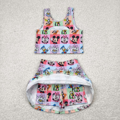 4.29 GSD2333 Baby Girls Sleeveless Cartoon Mouse Ducks Plaid Top Skort Yoga Set