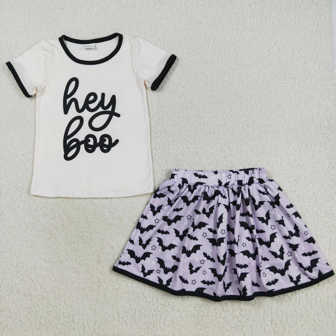 8.21 GSD2772 Baby Girls Light Pink Short Sleeves Hey Boo Top Bats Plaid Skirts Set