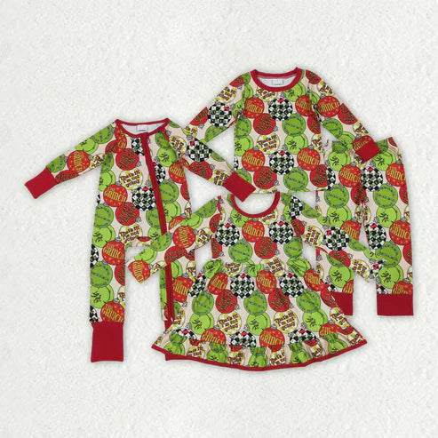 10.31 Sibling Baby Boys Girls Grin Lights Christmas Pajamas Set Knee Length Dress Zipper Footie Rompers