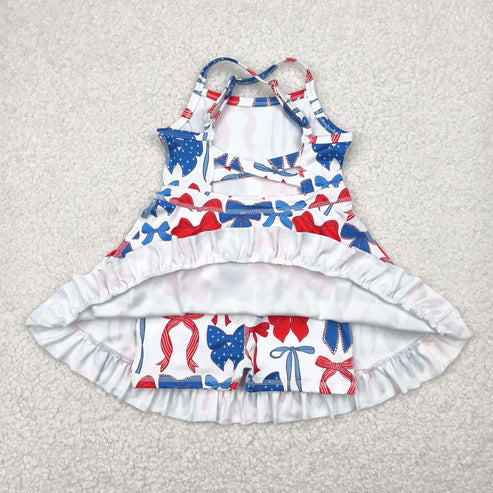 5.9 GSD2345 Baby Girls Strap Blue Red Bows 4th Of July Active Knee Length Dress