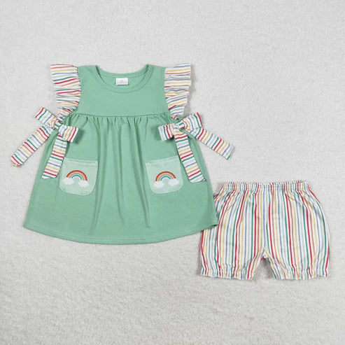6.16 GSSO0596 Colorful striped lace bow rainbow flying sleeve shorts set