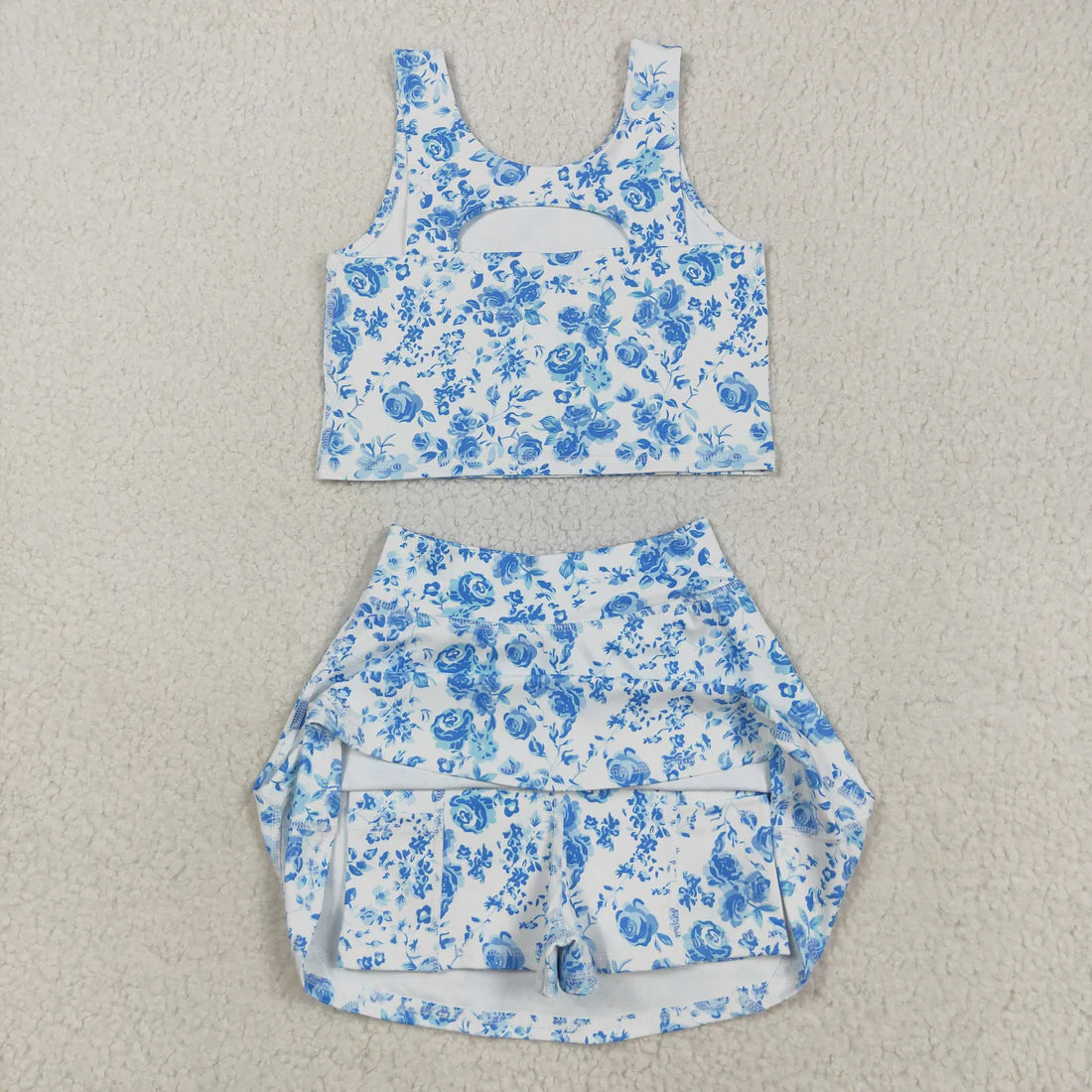 8.12 Baby Girls Blue Flowers Print Vest Top Shorts Skirts Yoga Activity Set