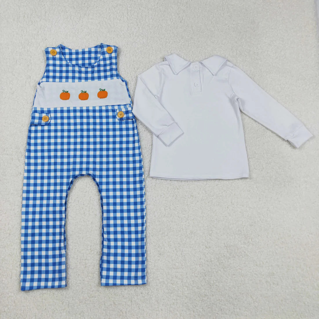 9.6 BT0820+SR1949 Embroidery Baby Infant Boys Blue Pumpkin Shirts Romper Set