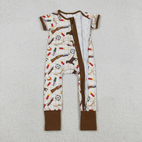 12.19 SR3497 Baby Boys Khaki Checked Dogs Ducks Hunting Two Way Zip Convertible Romper