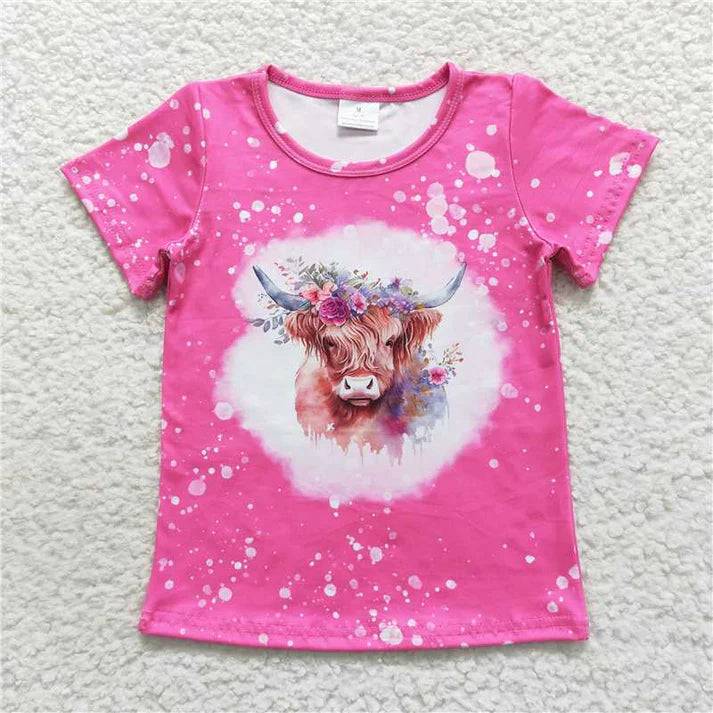 9.3 GT0212 Baby Girls Highland Cow Flowers Short Sleeve Shirts Tops