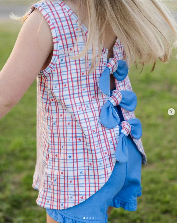 4.17 GSSO2539 Baby Girls Sleeveless Blue Red Plaid Stars Tunic Ruffle Short 4th Of July Set Preorder