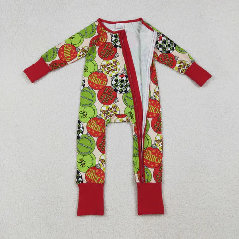 LR2658 Baby Boys Red Green Face Lights Christmas Zipper Footie Romper