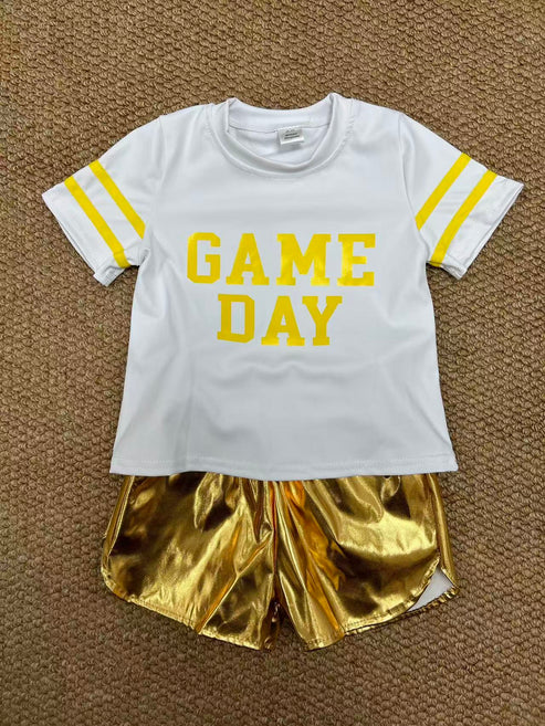 8.25 GT1115+SS0417 Baby Girls Vinyl Yellow Game Day Top Leather Shorts Team Active Set