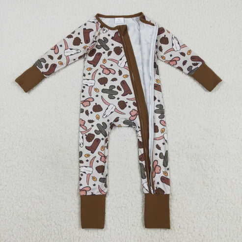 8.13 LR2334 Baby Boys Brown Long Sleeves Bull Skull Cactus Zipper Romper