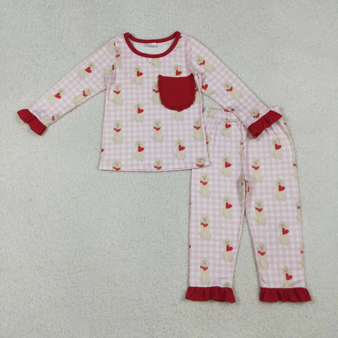 10.20 GLP2880 Baby Girls Pink Checked Dogs Hearts Pockets Ruffle Pants Valentine Pajamas Set