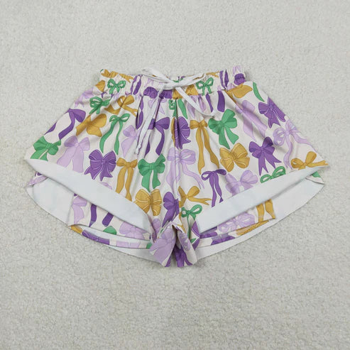 11.27 SS0681 Adult Women Mardigras Bows Plaid Yoga Active Ruffle Shorts Bottoms