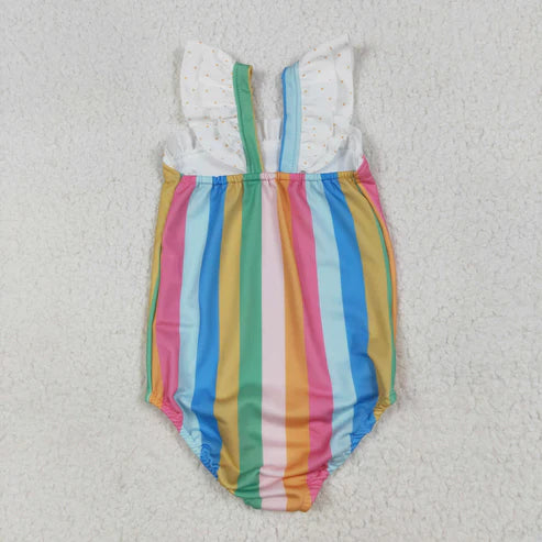 7.1 S0550 Baby Girls Flutter Sleeves Colorful Stripe One Piece Swimsuit