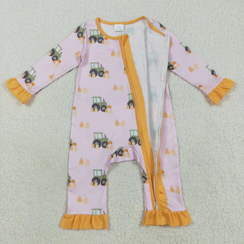 8.13 LR2336 Baby Girls Pink Long Ruffle Sleeves Pumpkins Trucks Zipper Romper