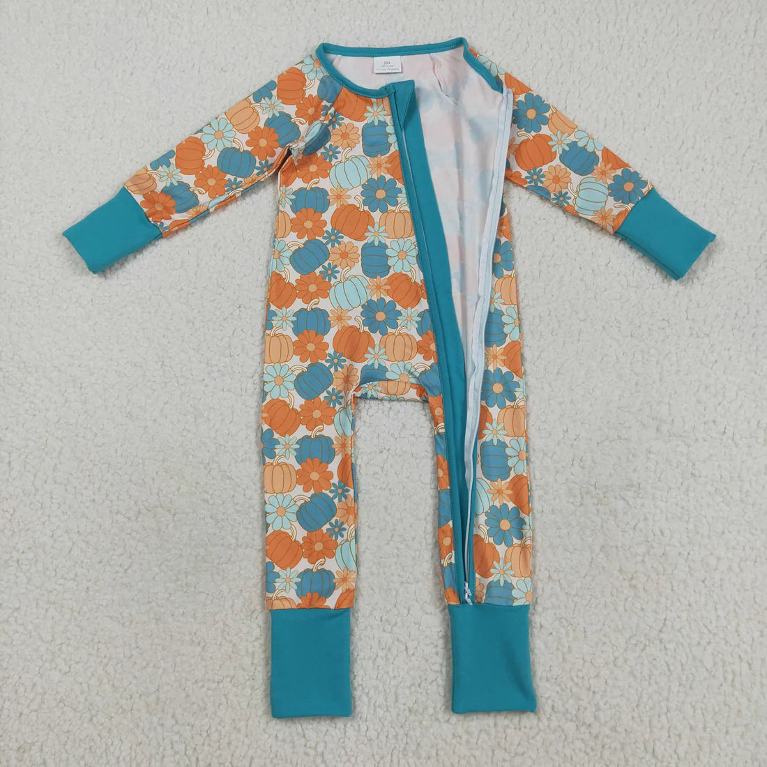 8.18 LR2461 Baby Boys Long Sleeves Colorful Pumpkins Flowers Zipper Pant Romper