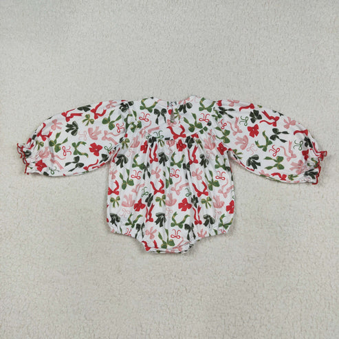 8.13 LR2276 Baby Girls Long Sleeves Smocked Merry Christmas Colorful Bows Ruffle Romper