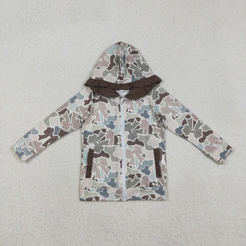 11.12 GT1263 Baby Girls Grey Bows Camo Pockets Zipper Ruffle Hoodies Top
