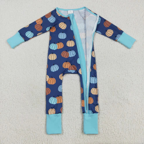 8.14 LR2364 Baby Girls Long Sleeves Colorful Pumpkins Zipper Pant Romper