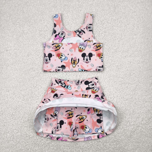 4.29 GSD2332 Baby Girls Sleeveless Cartoon Mouse Ducks Top Skort Yoga Set