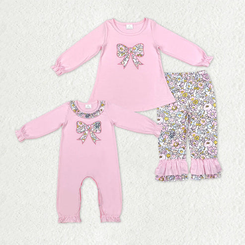 10.31 Sibling Embroidery Floral Bows Baby Girls Ruffle Pants Clothes Footie Rompers