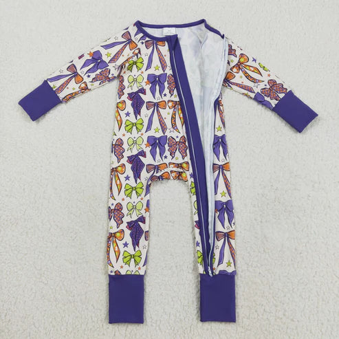 8.13 LR2403 Baby Girls Long Sleeves Purple Bows Plaid Zipper Pant Romper