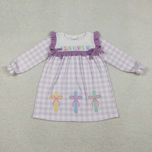 10.30 GLD1356 Baby Girls Lavender Checked Jesus Love Me Cross Knee Length Dress