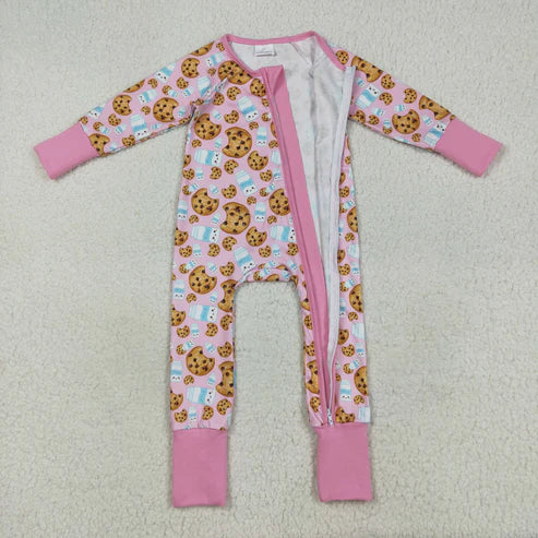8.13 LR2398 Baby Girls Pink Long Sleeves Milk Cookies Zipper Pant Romper