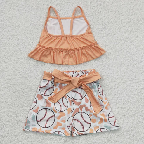 4.14 RTS NO MOQ GSSO0172 Girls Baseball Orange Tank Top Shorts Set