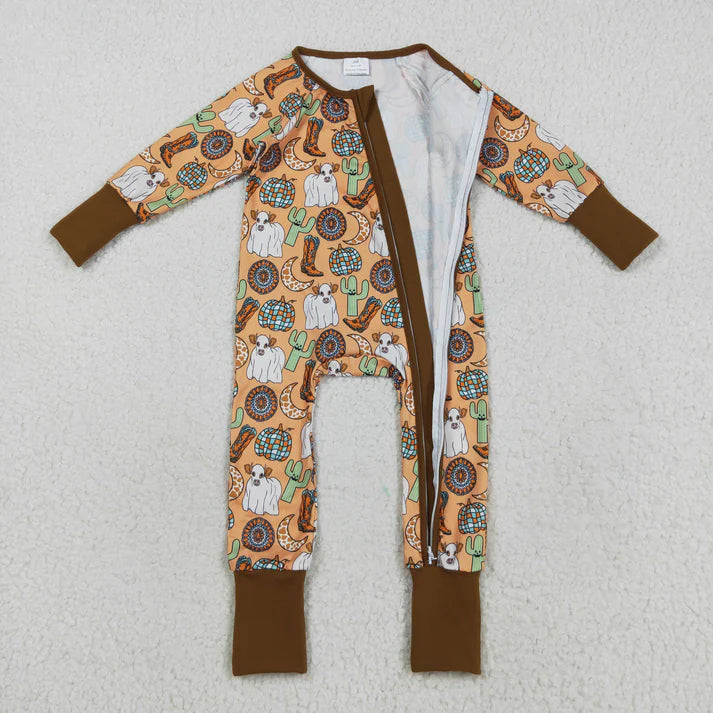 8.21 LR2463 Baby Boys Long Sleeves Cactus Boots Cows Zipper Pant Romper