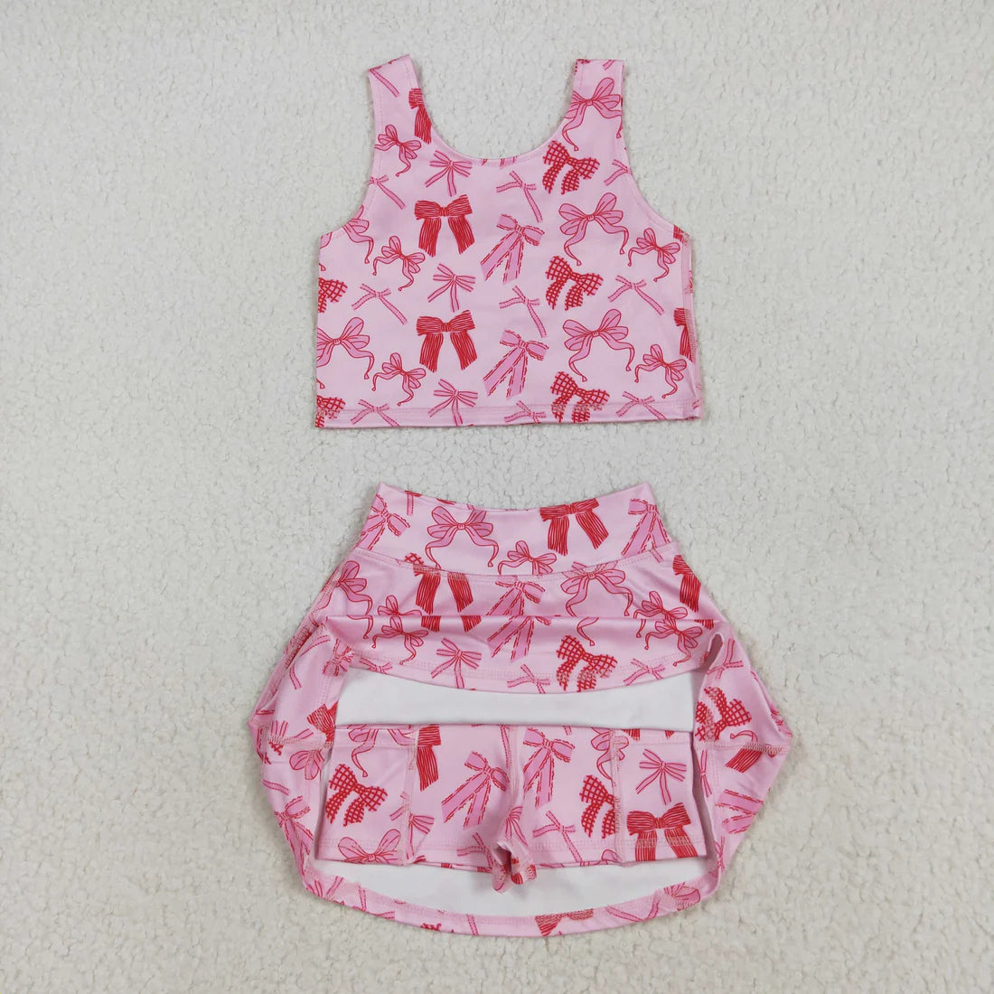 8.12 GSD2459 Baby Girls Sleeveless Pink Bows Top Skort Yoga Set