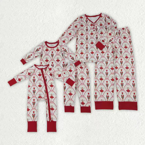 10.31 Sibling Baby Girls Bows Soldiers Dancers Checked Pant Christmas Pajamas Sets Zipper Rompers