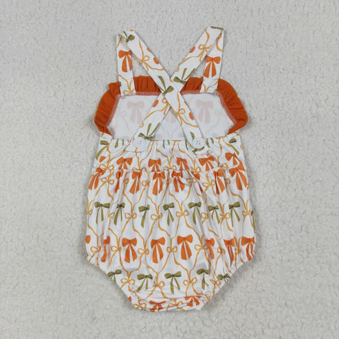 7.1 SR3148 Baby Girls Strap Orange Bows Plaid Ruffle Romper