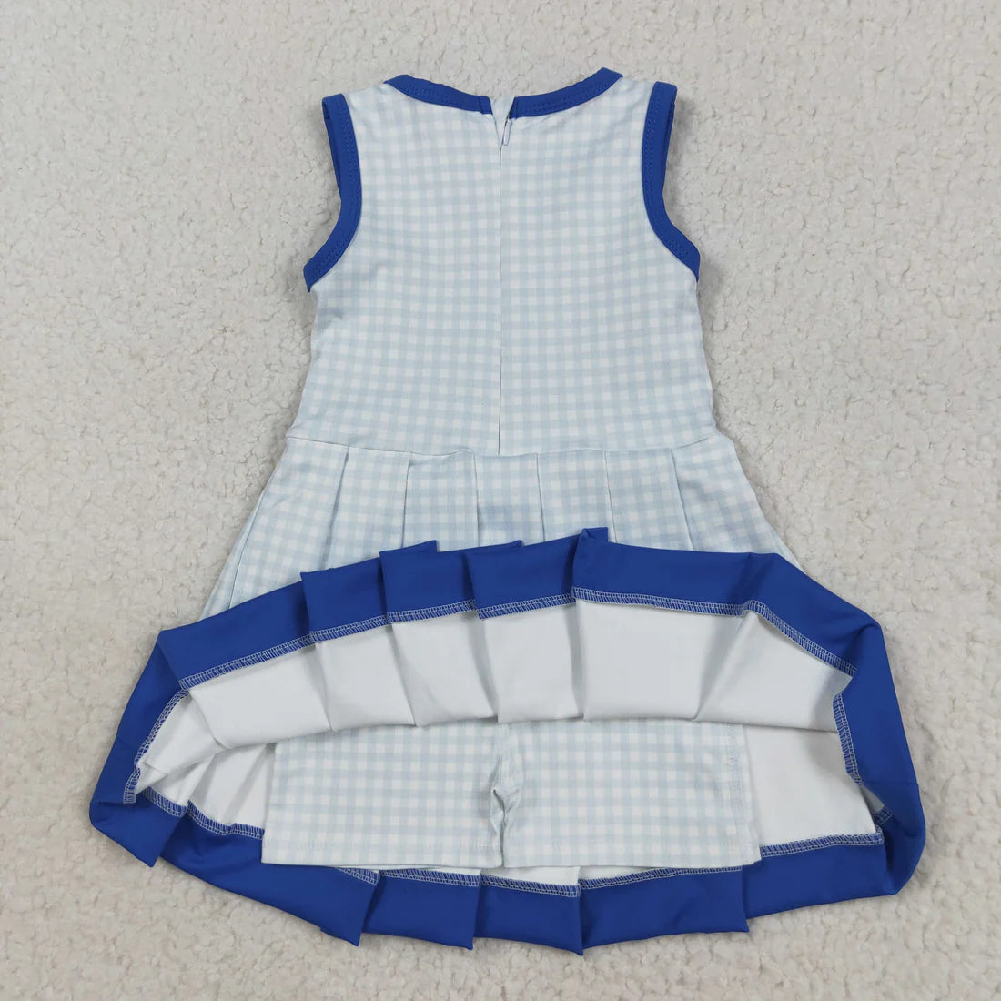 8.12 GSD2759 Baby Girls Blue Plaid Sleeveless Zipper Shorts Yoga Knee Length Dress