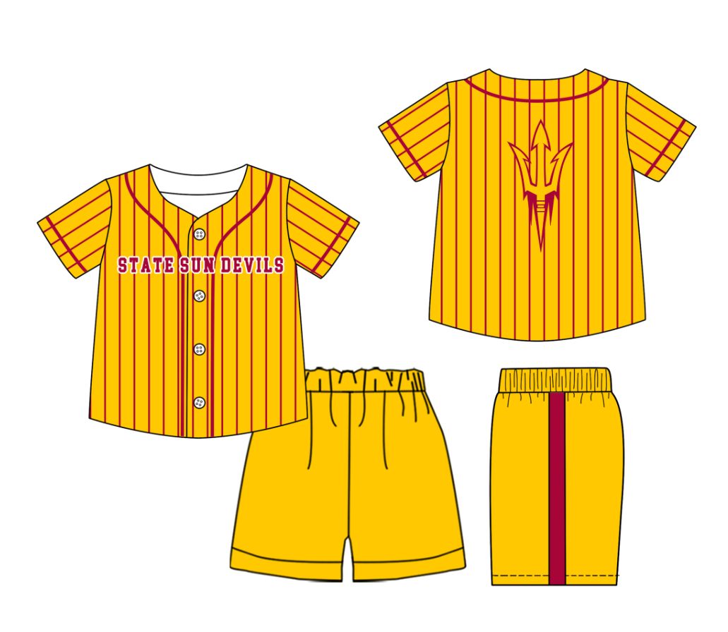 Custom Milk Silk Order MOQ:3 or 5 pcs Each Design Team State Kids Summer Yellow Short Sleeve Shorts Sets-26.1.21
